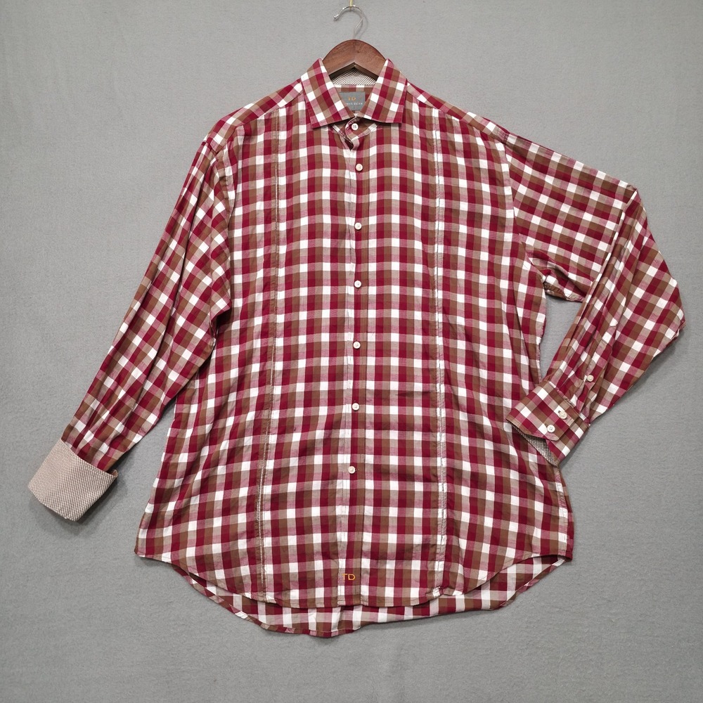 Thomas Dean Men's Red Plaid Long Sleeve Flip Cuff Button Up Shirt Size Large